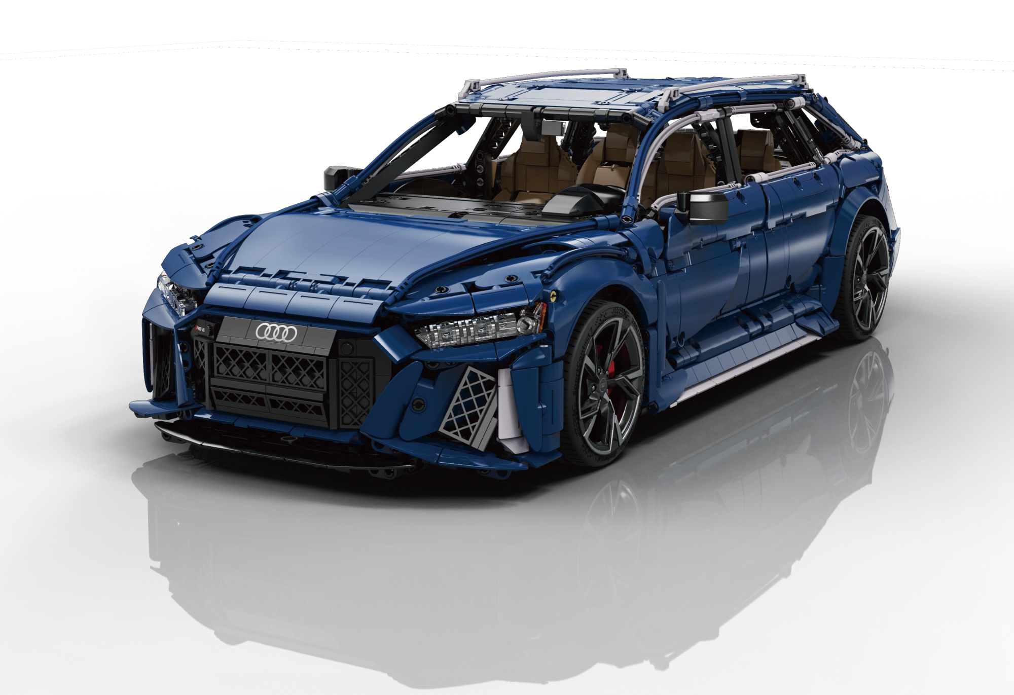 Blue CaDA Audi RS6 Avant brick model with open doors, tan interior, and detailed wheels on white background.