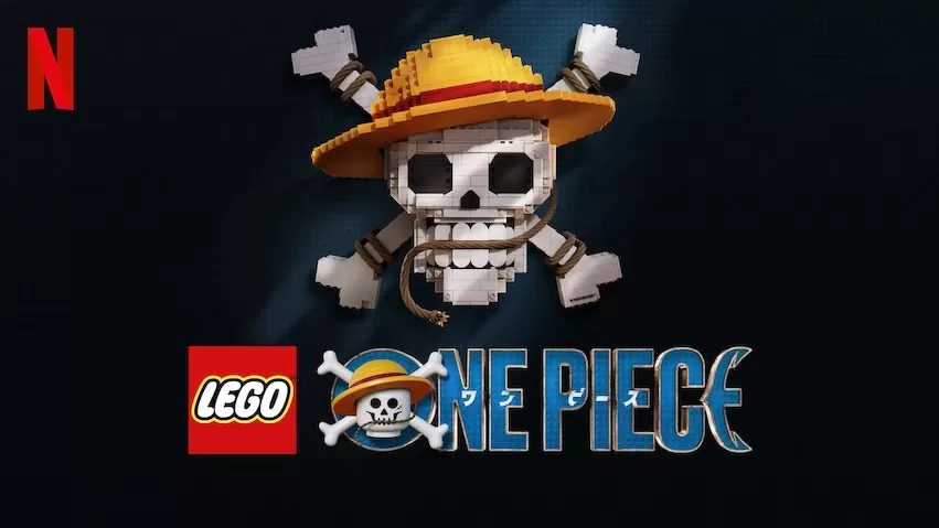 LEGO One Piece Netflix Special logo featuring pixelated skull with straw hat and crossbones on dark background.
