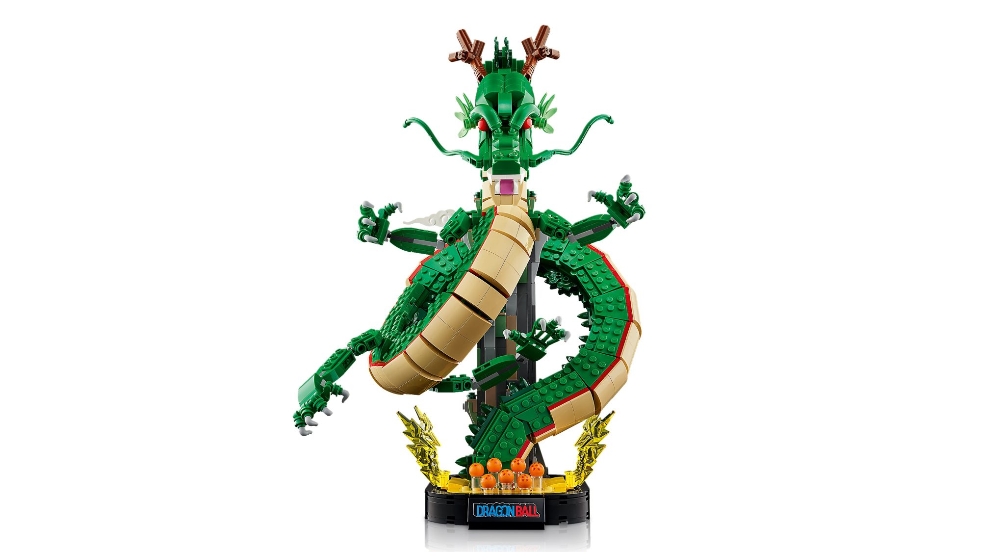 LEGO Dragon Ball Shenron set featuring green dragon with tan belly segments, articulated limbs, and golden base with orang…