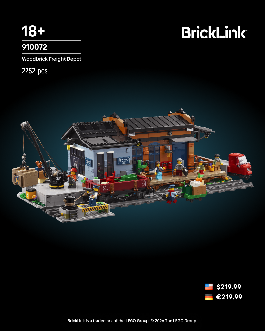 BrickLink 910072 Woodbrick Freight Depot set with 2252 pieces, featuring railway station building, minifigures, and red tr…