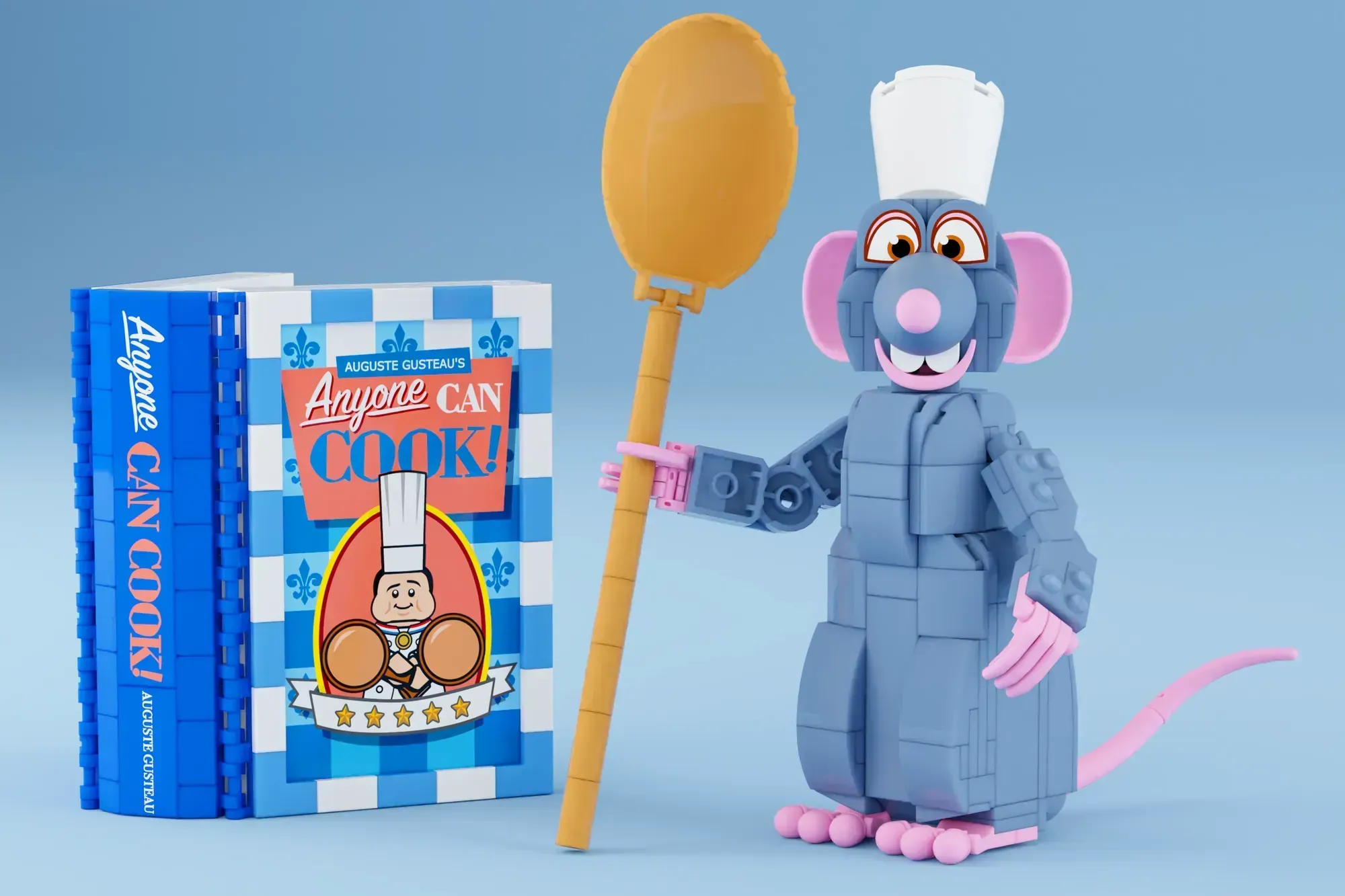 Remy the rat chef LEGO figure with wooden spoon, next to "Anyone Can Cook" cookbook, against blue background.