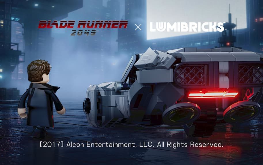 LEGO minifigure next to illuminated neon Spinner vehicle from Blade Runner 2049 collaboration with Lumibricks.