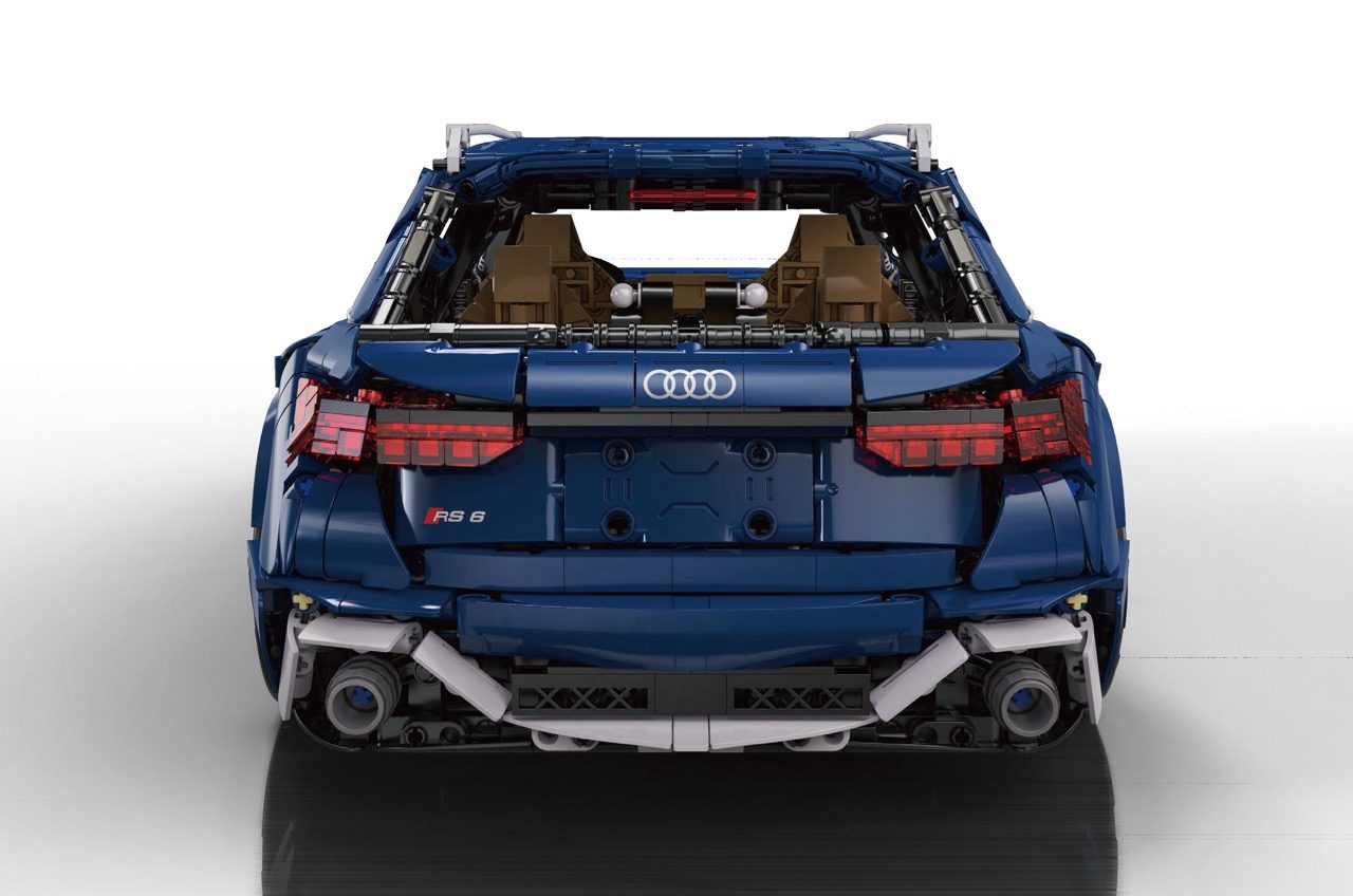 LEGO CaDA Audi RS6 sports car model in blue, shown from rear view with open trunk and detailed interior.