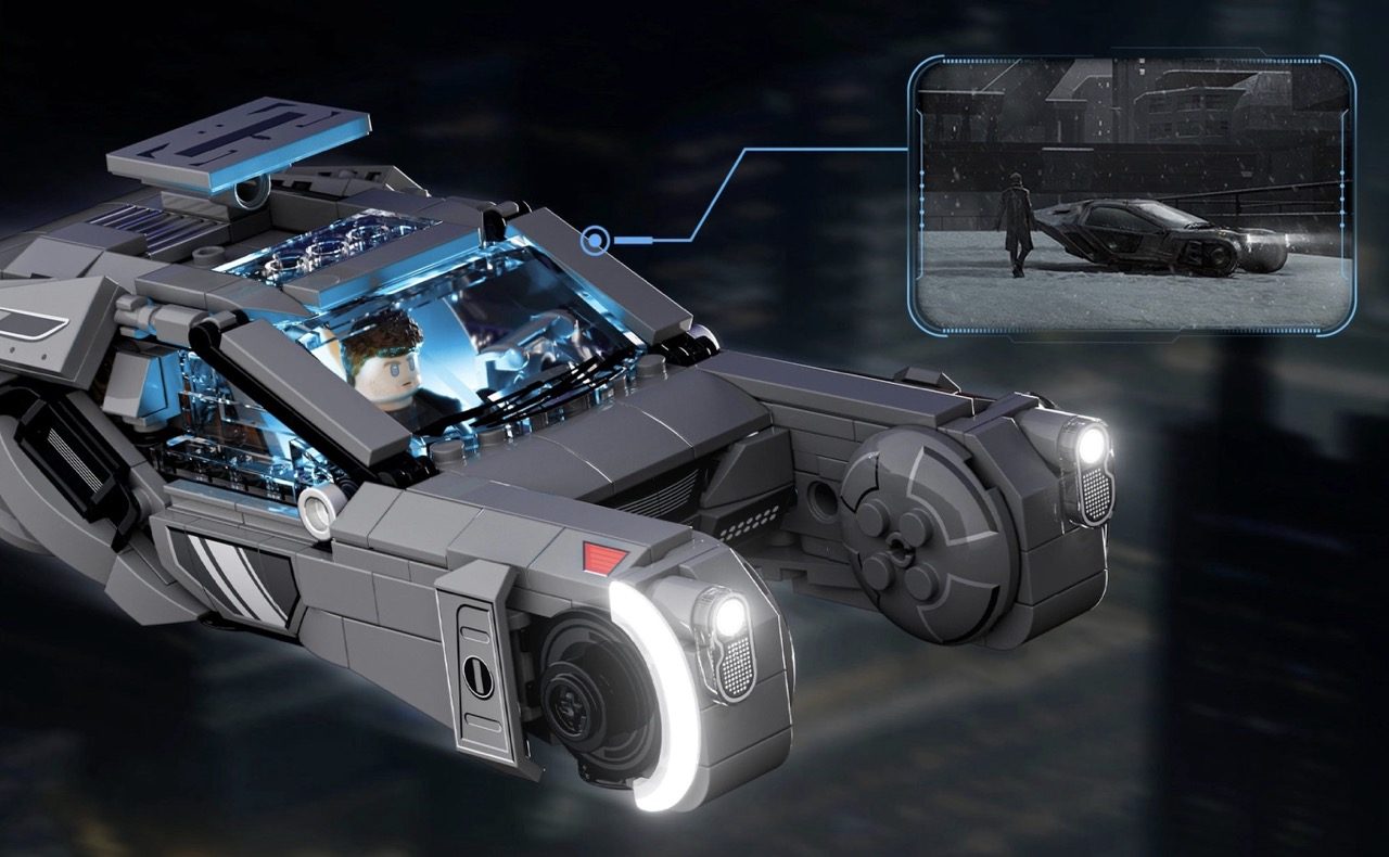 LEGO Blade Runner 2049 K's Spinner with illuminated neon details and minifigure, displayed with scene reference.