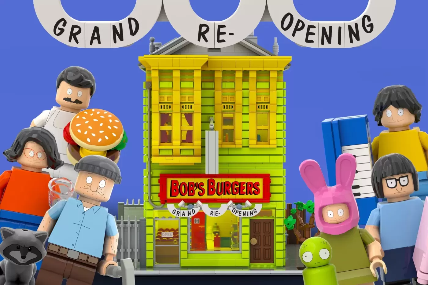LEGO Bob's Burgers set with minifigures and bright yellow storefront featuring grand re-opening banners.
