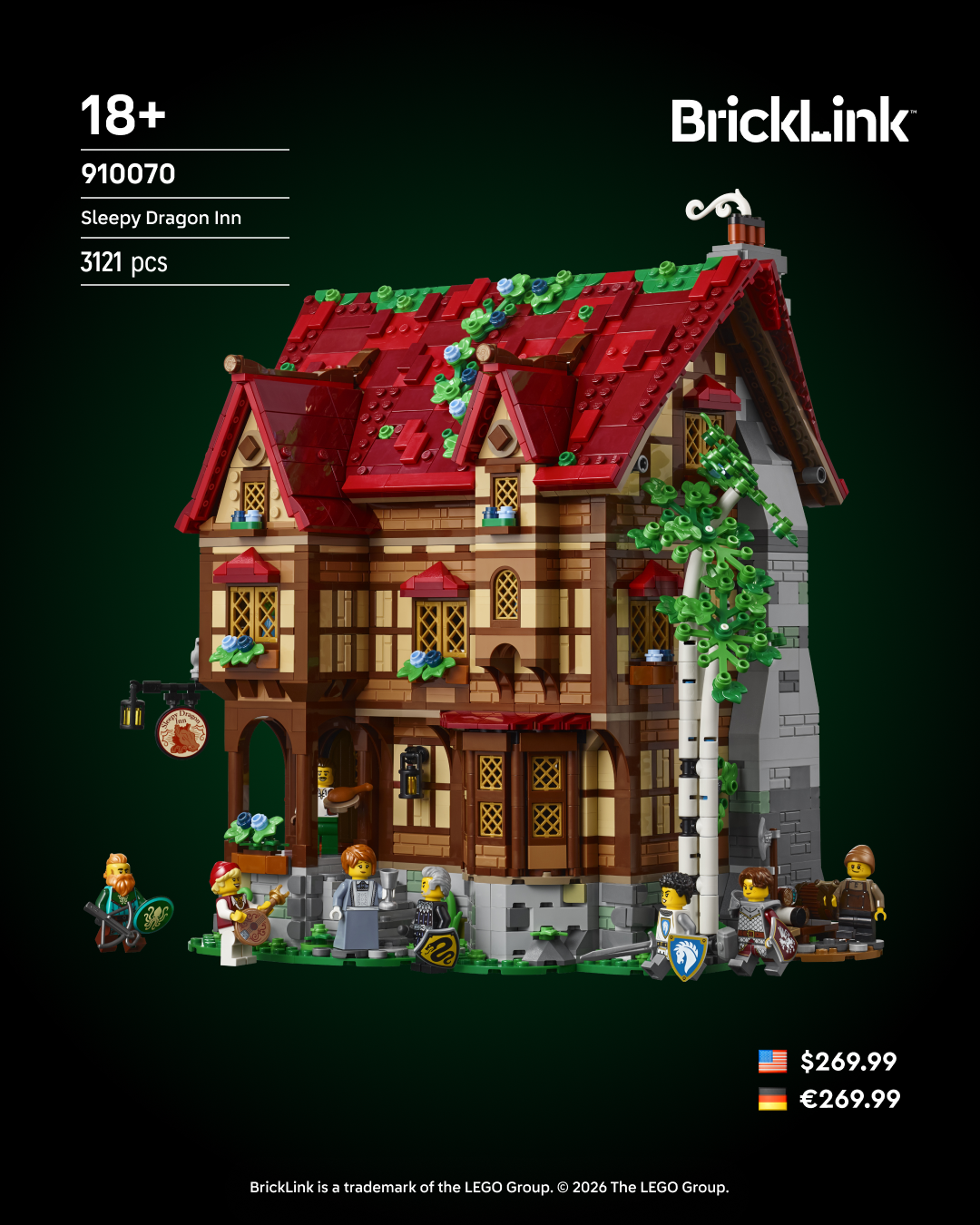 BrickLink Sleepy Dragon Inn set 910070 with 3121 pieces, featuring a detailed medieval inn with red roof and minifigures.
