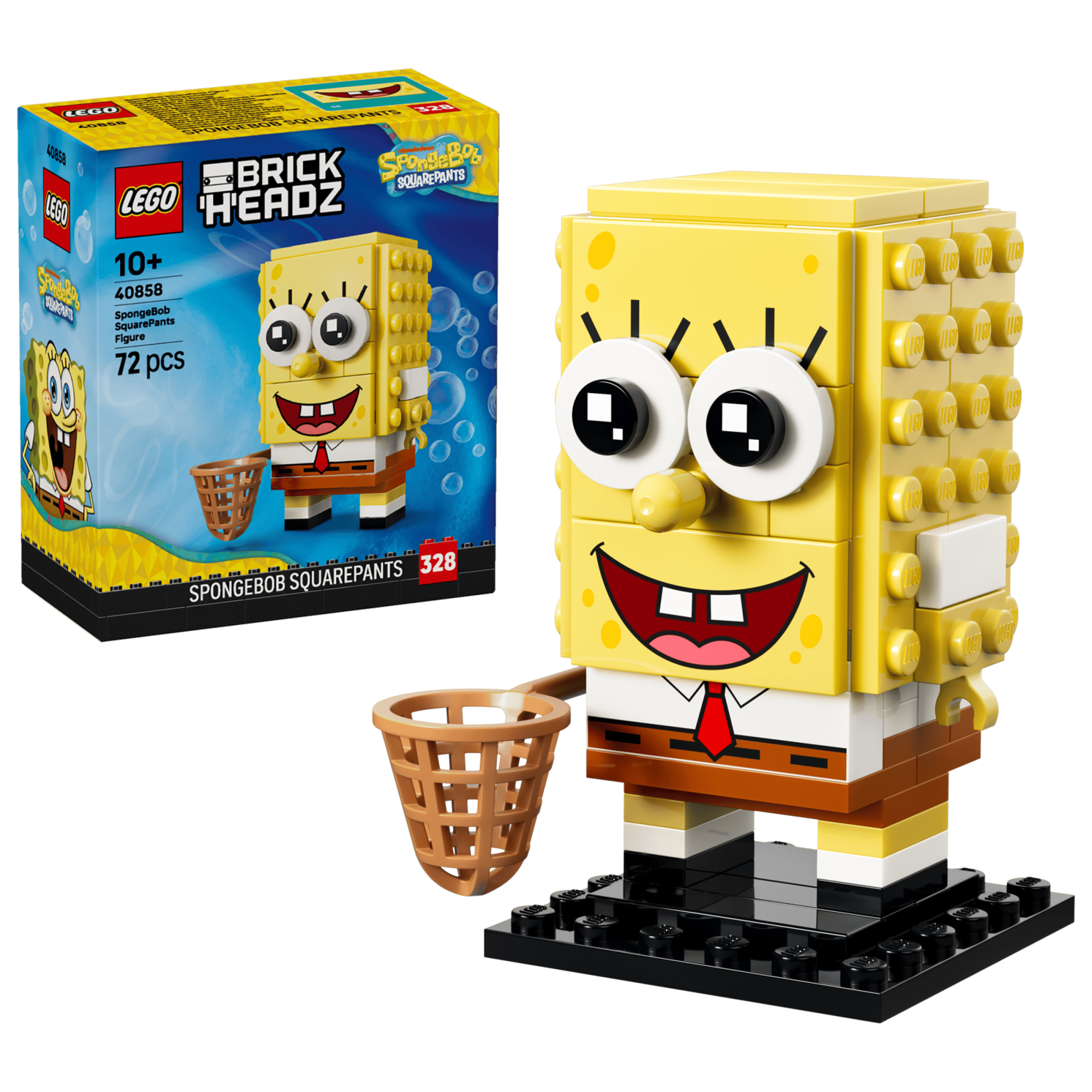 LEGO BrickHeadz SpongeBob SquarePants set with yellow brick figure, large eyes, red smile, and basketball basket accessory.