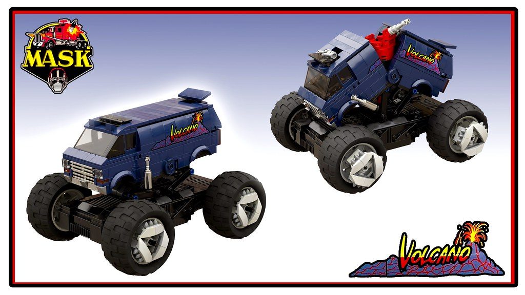 M.A.S.K. LEGO vehicles: blue van and truck with oversized wheels and Volcano branding.