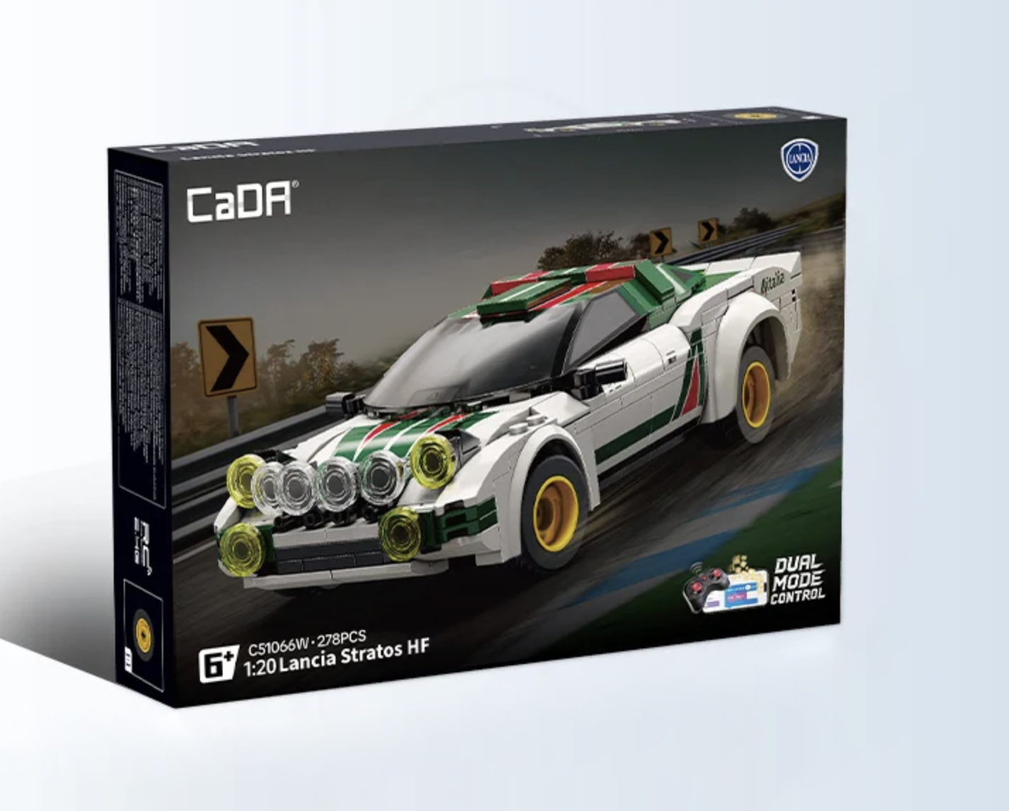 CaDA Lancia Stratos HF 1:20 rally car set with 278 pieces, featuring white and green livery, yellow wheels, and dual mode …