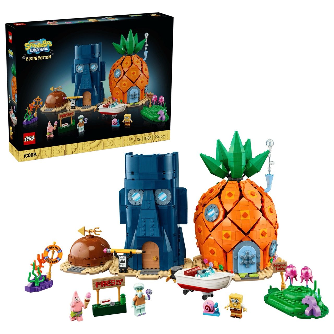 LEGO 11386 Bikini Bottom set with pineapple house, squid tower, minifigures, and accessories displayed.