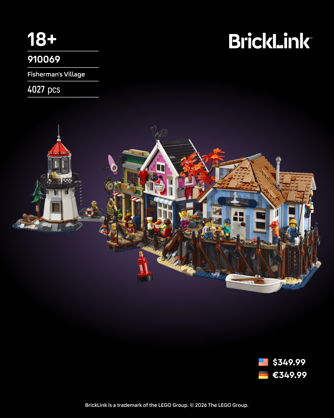 BrickLink Fisherman's Village set with lighthouse, colorful buildings, minifigures, and boat on purple background.
