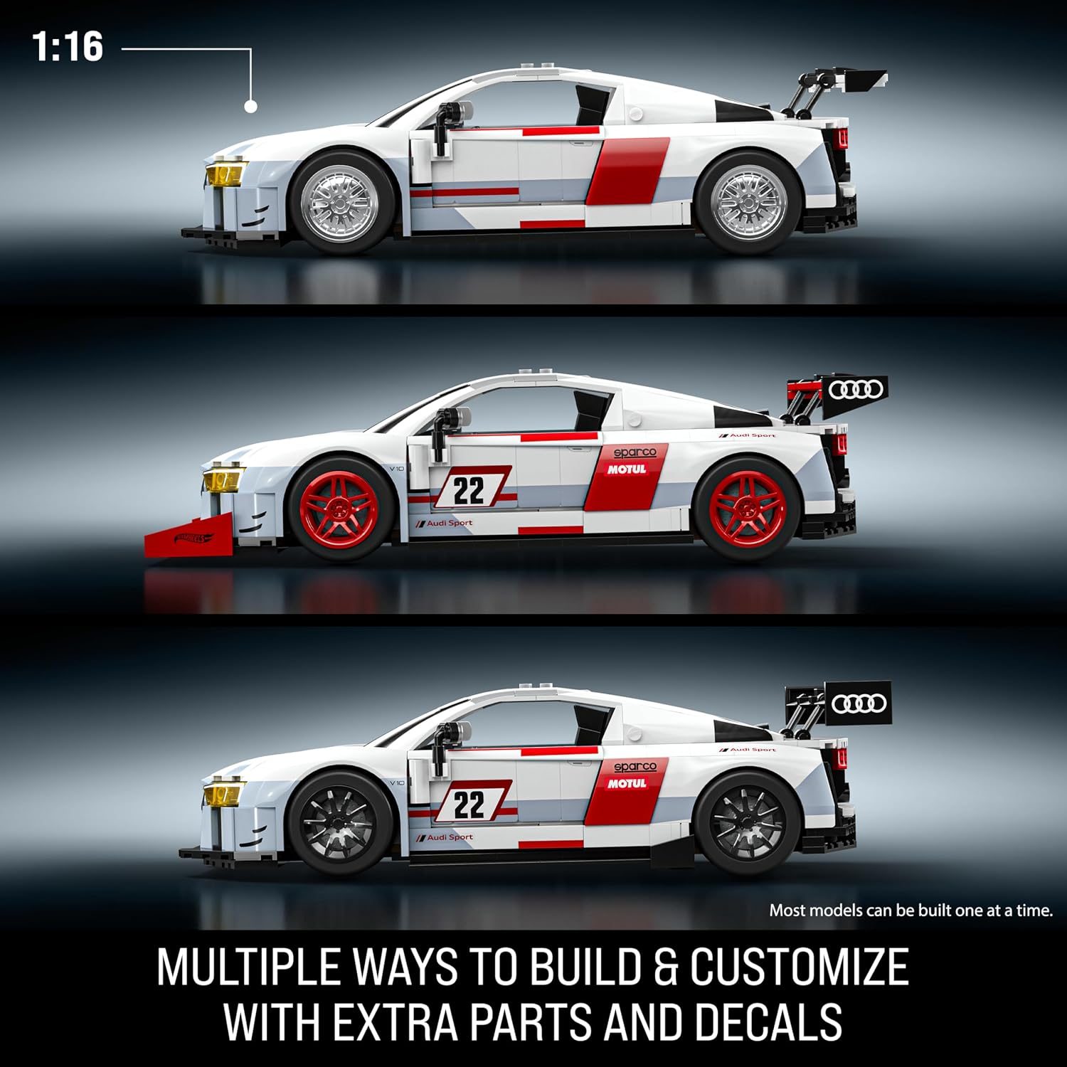 Three 1:16 scale Audi R8 LMS race car models in white and red, showing customization options with different wheels, decals…