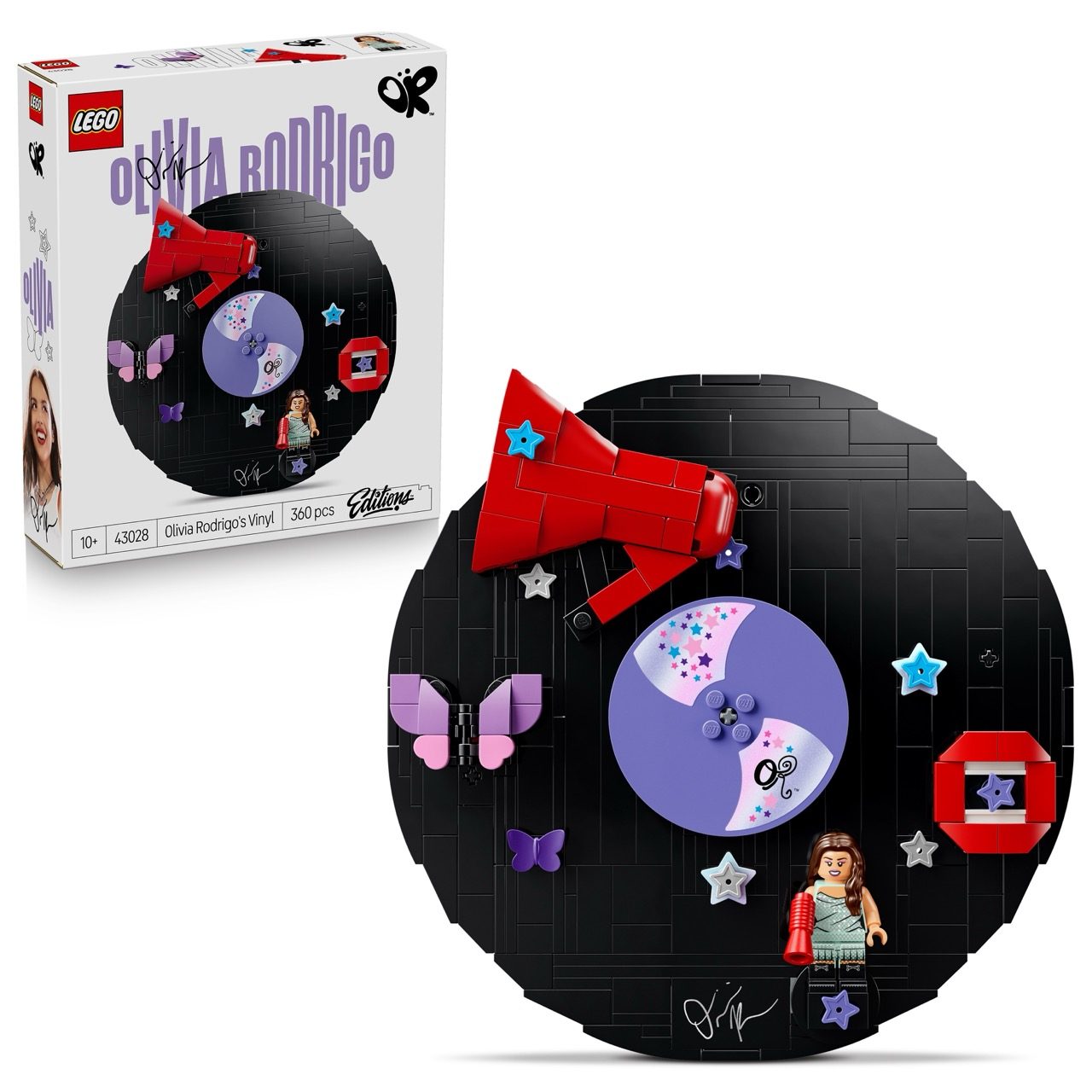 LEGO Olivia Rodrigo vinyl record set with black circular build, red bow, purple vinyl disc, butterflies, stars, and minifi…