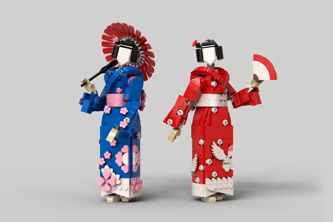 Two LEGO minifigures in Japanese-inspired outfits: one in blue with pink flowers and red headdress, one in red with white …