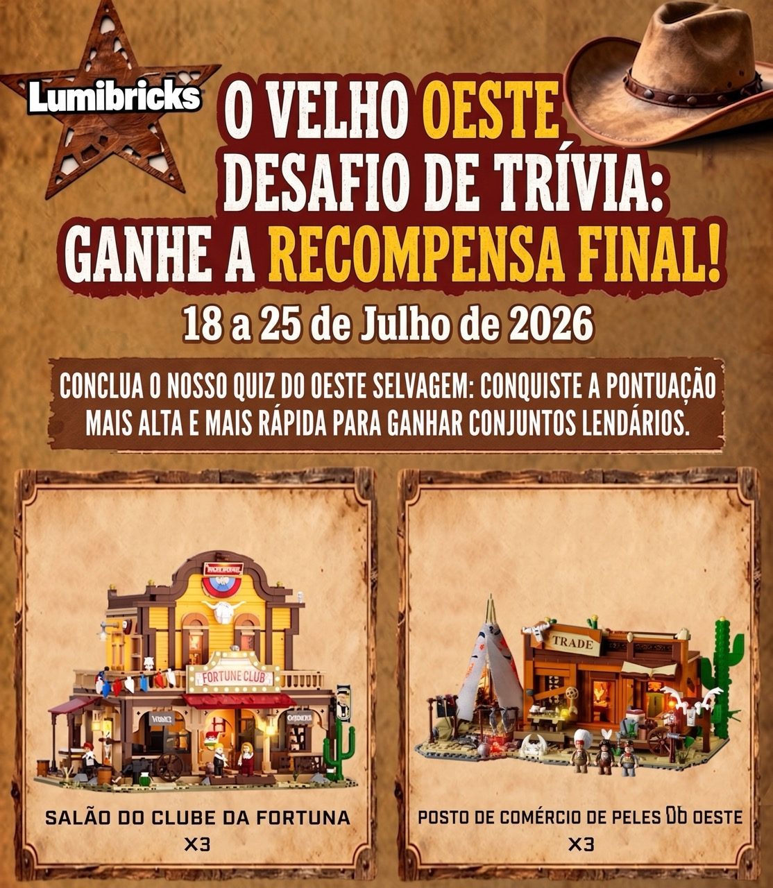 Lumibricks Old West trivia promotion poster featuring Fortune Club building and Western Trade Post set with exclusive rewa…