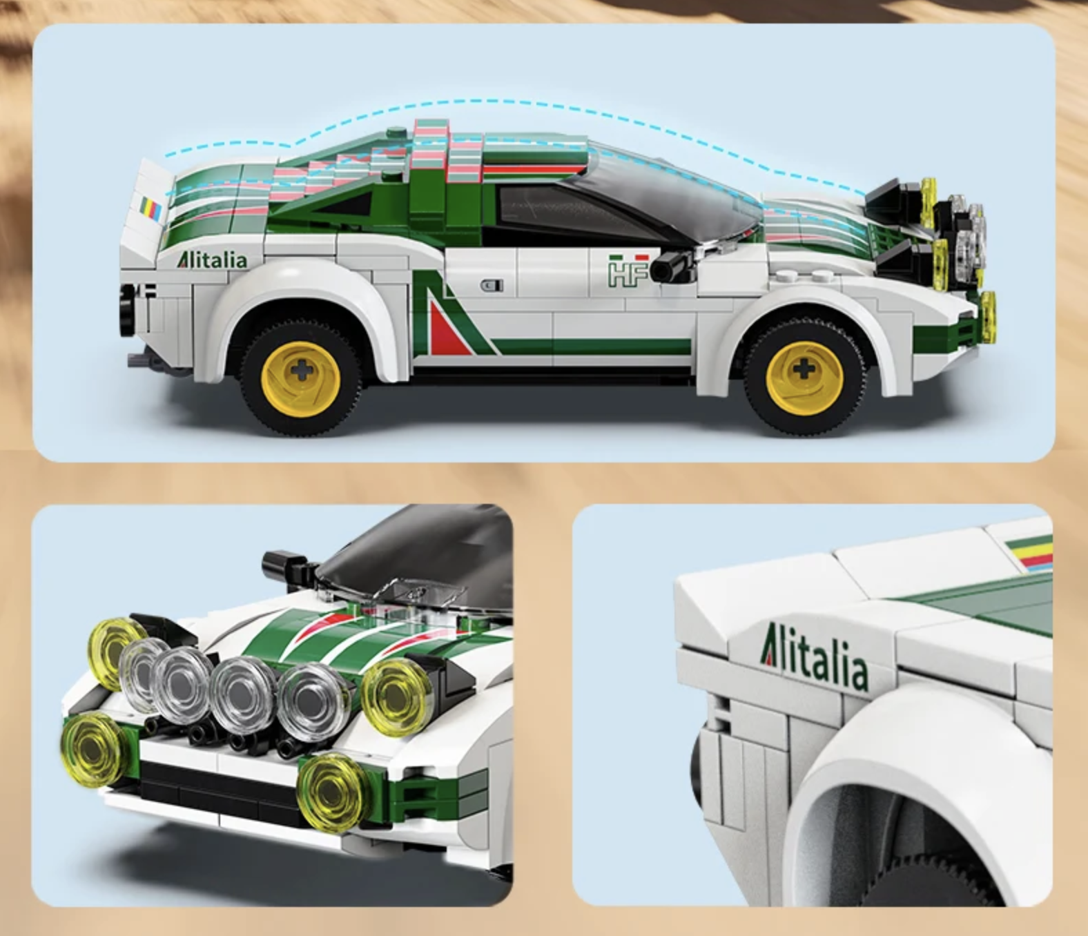 LEGO Lancia Stratos HF rally car with Alitalia livery, showing side view, wheel details, and headlight design.