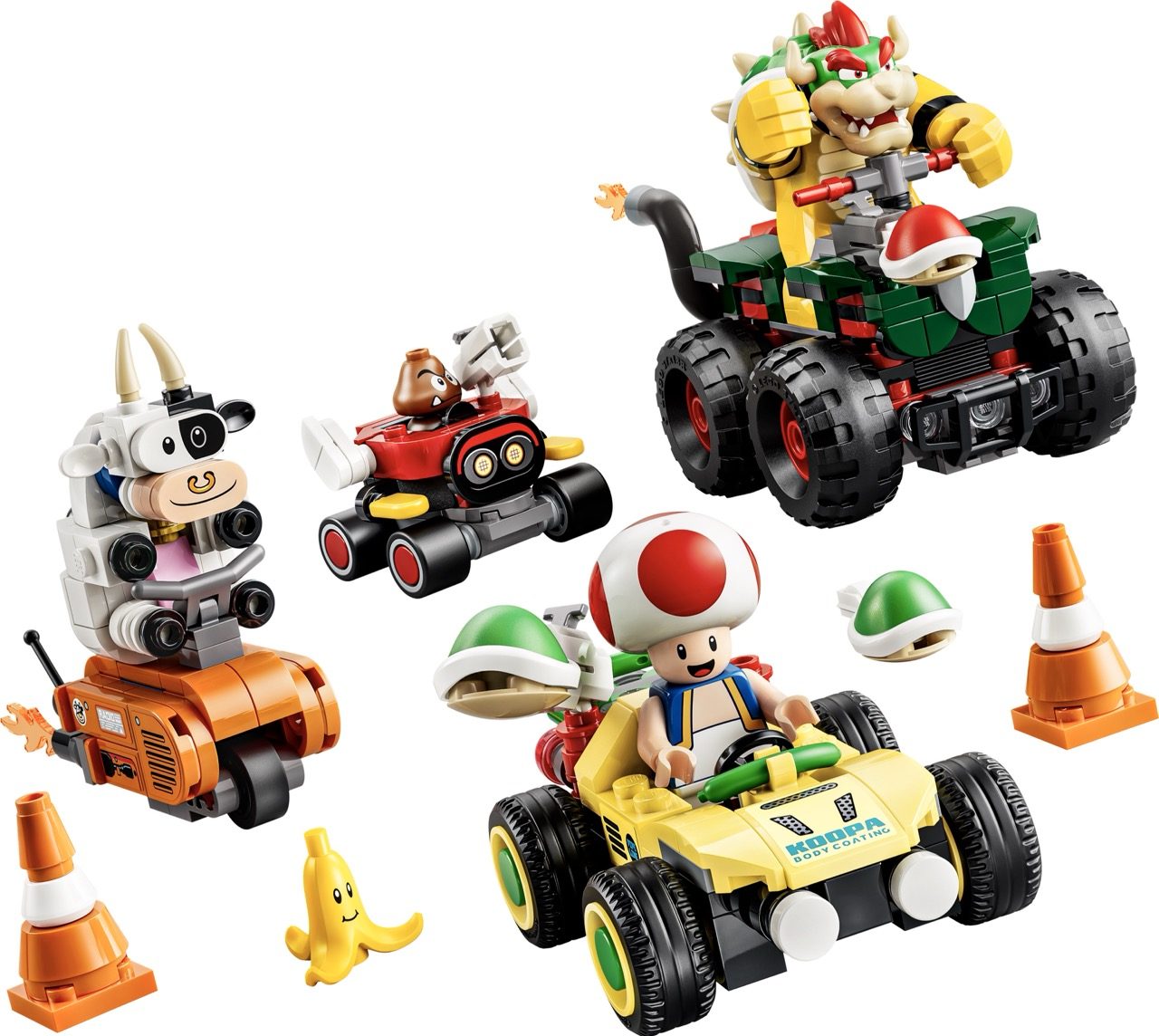 LEGO Super Mario 2027 sets featuring Bowser's kart, Toad's racer, Bob-omb vehicle, and construction-themed builds with min…