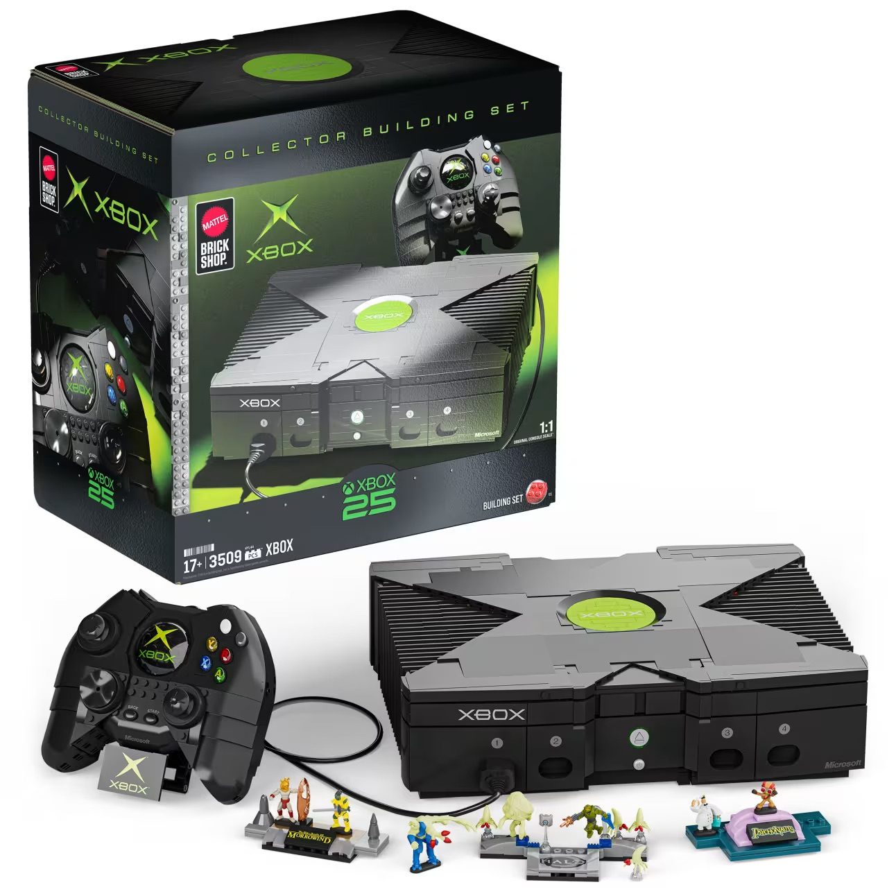 Xbox 25 Collector Building Set with console replica, controller, minifigures, and accessories displayed.