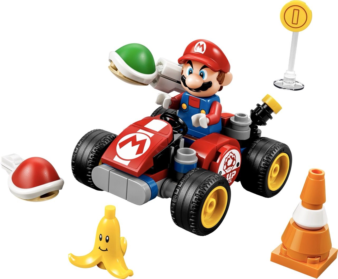 LEGO Super Mario race kart set with Mario minifigure, red kart, green shell, banana, coin, traffic cones.