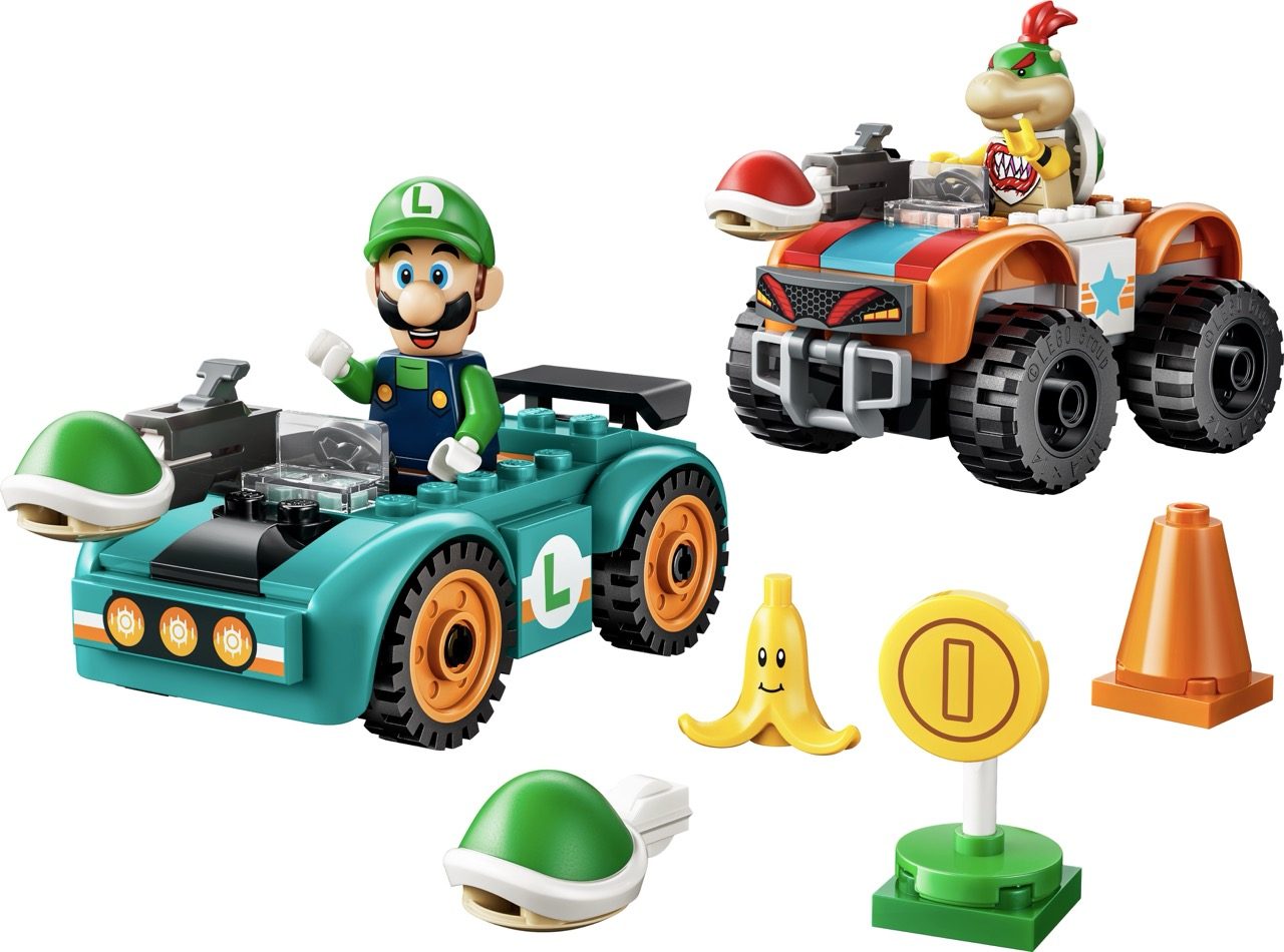 LEGO Super Mario sets featuring Luigi's turquoise kart and Bowser Jr.'s orange truck with minifigures and accessories.