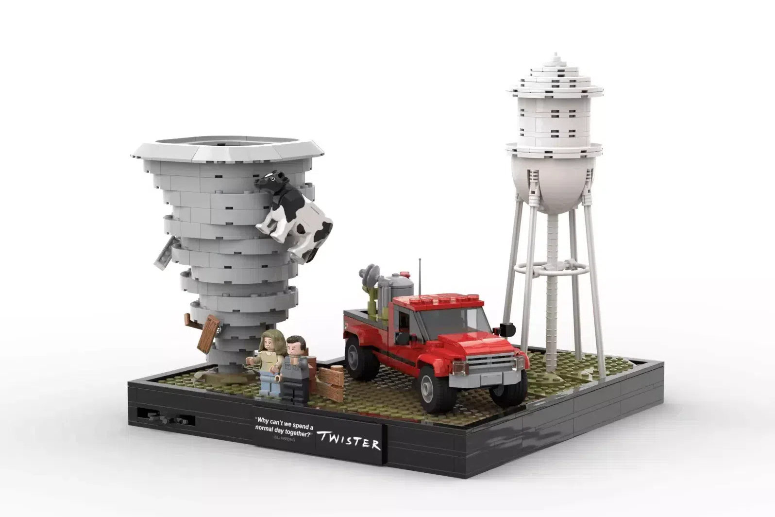 LEGO Twister set with tornado, red truck, water tower, and minifigures on display base.