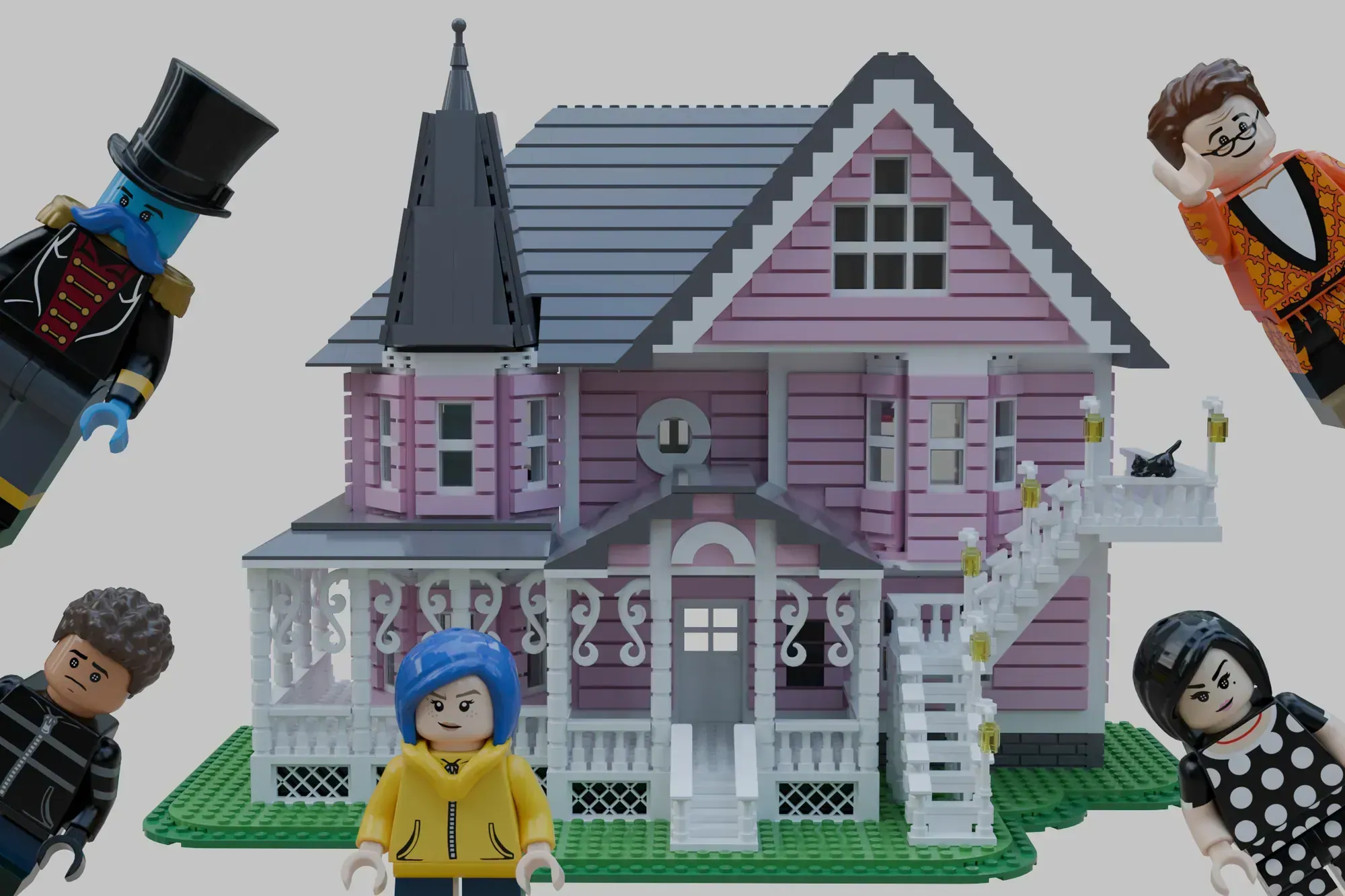 LEGO haunted house set with pink and purple exterior, featuring minifigures in spooky costumes surrounding the Victorian-s…