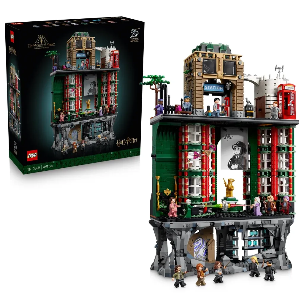 LEGO Harry Potter Ministry of Magic set with detailed multi-story building, minifigures, and accessories.