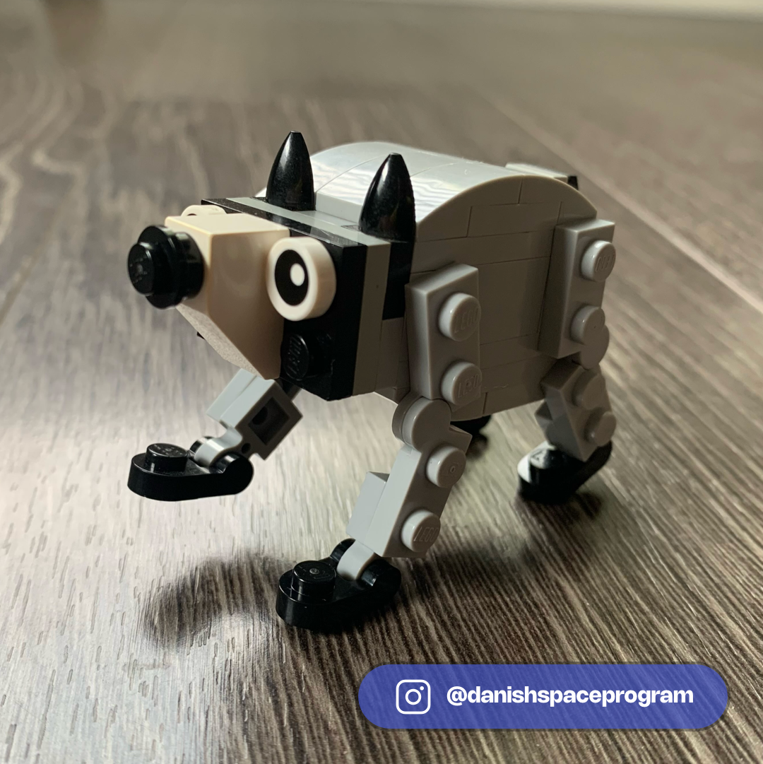 LEGO raccoon MOC with tan and black body, pointed ears, large eyes, and articulated limbs on wooden surface.