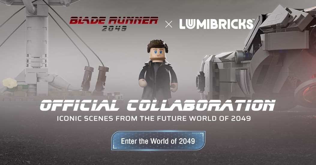 Blade Runner 2049 x Lumbricks LEGO collaboration featuring neon-lit minifigure and futuristic cityscape.