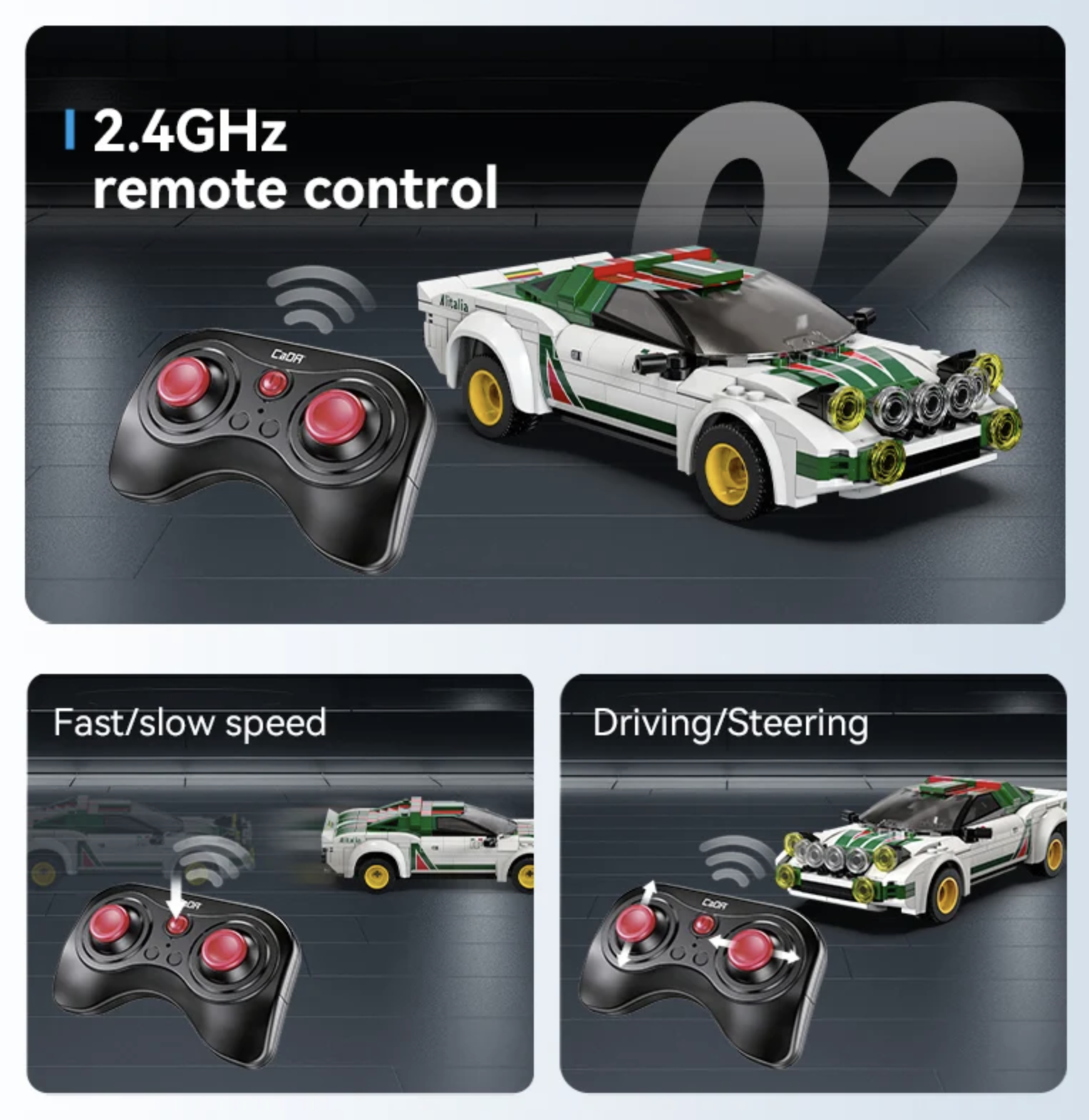 LEGO Lancia Stratos rally car with 2.4GHz remote control showing driving, steering, and speed adjustment features.