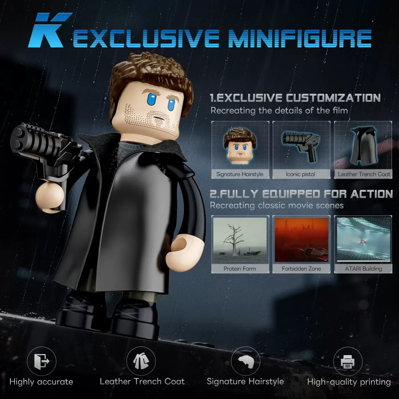 Exclusive LEGO minifigure with black trench coat, iconic pistol, and signature hairstyle from Blade Runner 2049.