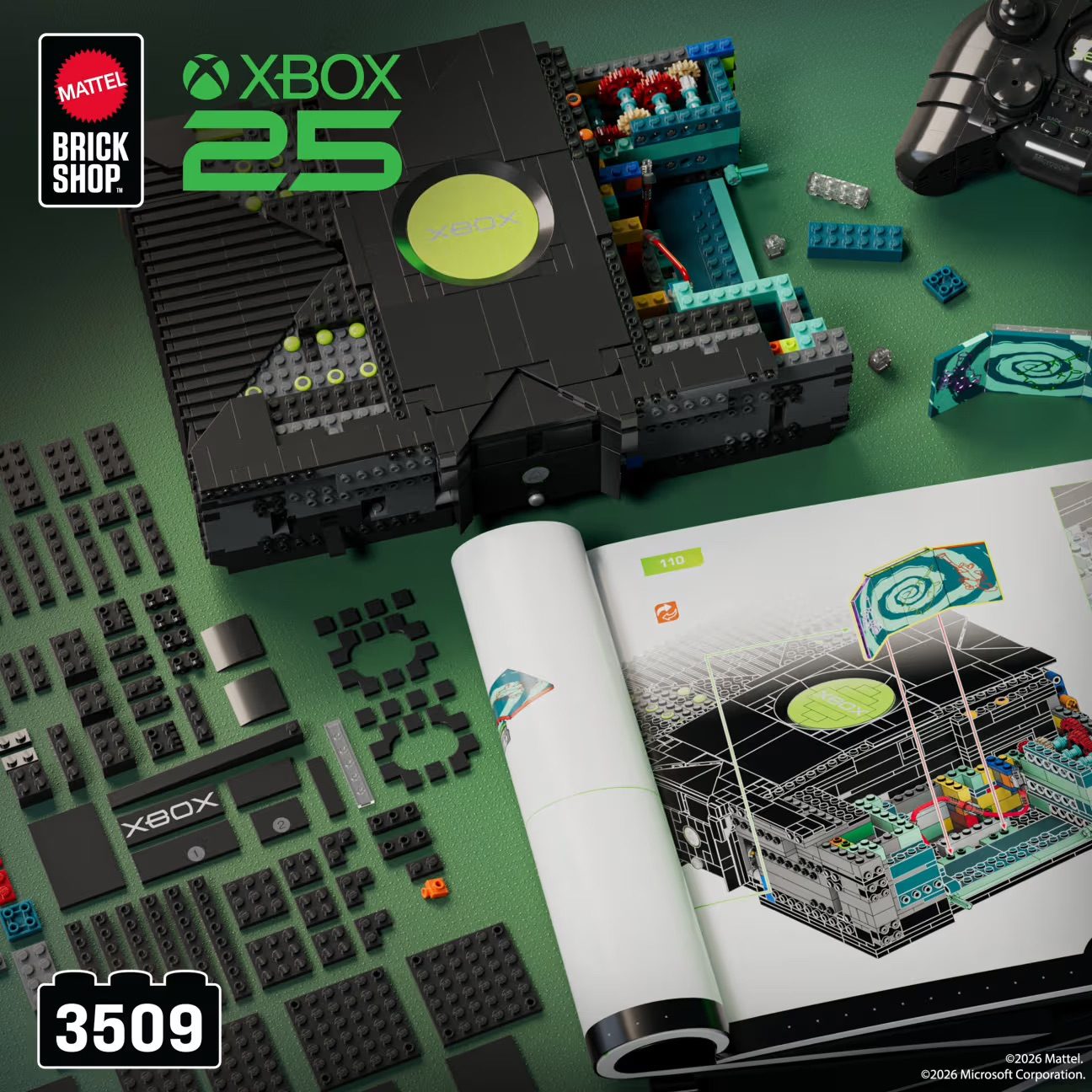 LEGO Xbox 25 set with 3509 pieces showing detailed console build, controller, instruction manual, and scattered bricks on …