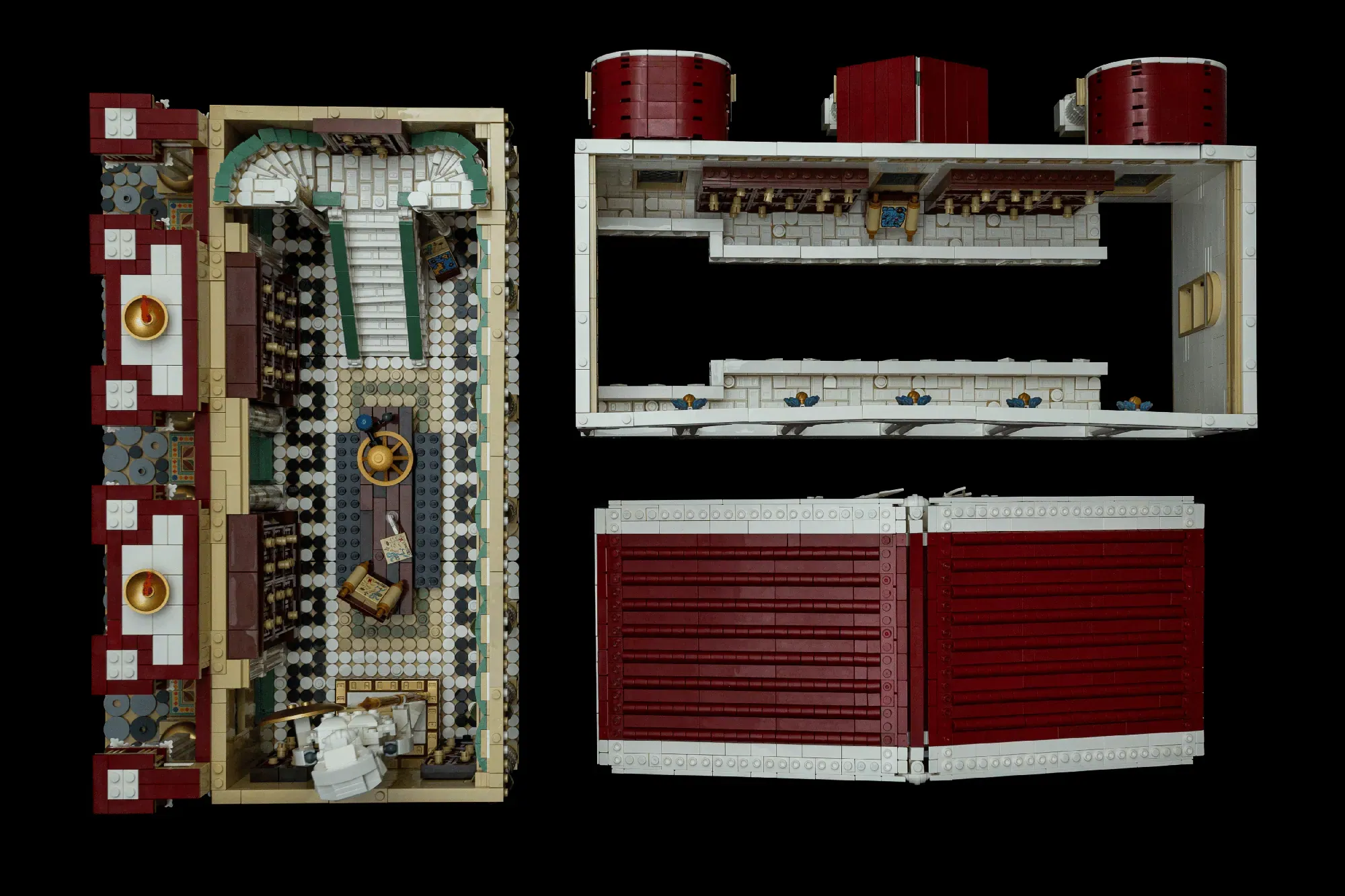 LEGO Ancient Library MOC with two-story interior, ornate columns, checkered floors, red exterior walls, and detailed archi…