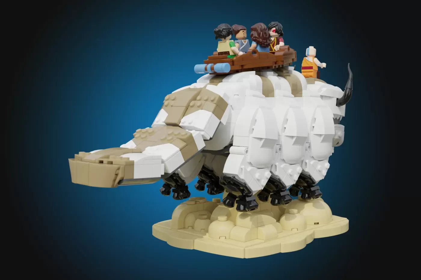 LEGO Appa set from Avatar with white and tan flying bison, minifigures on saddle, and desert base.
