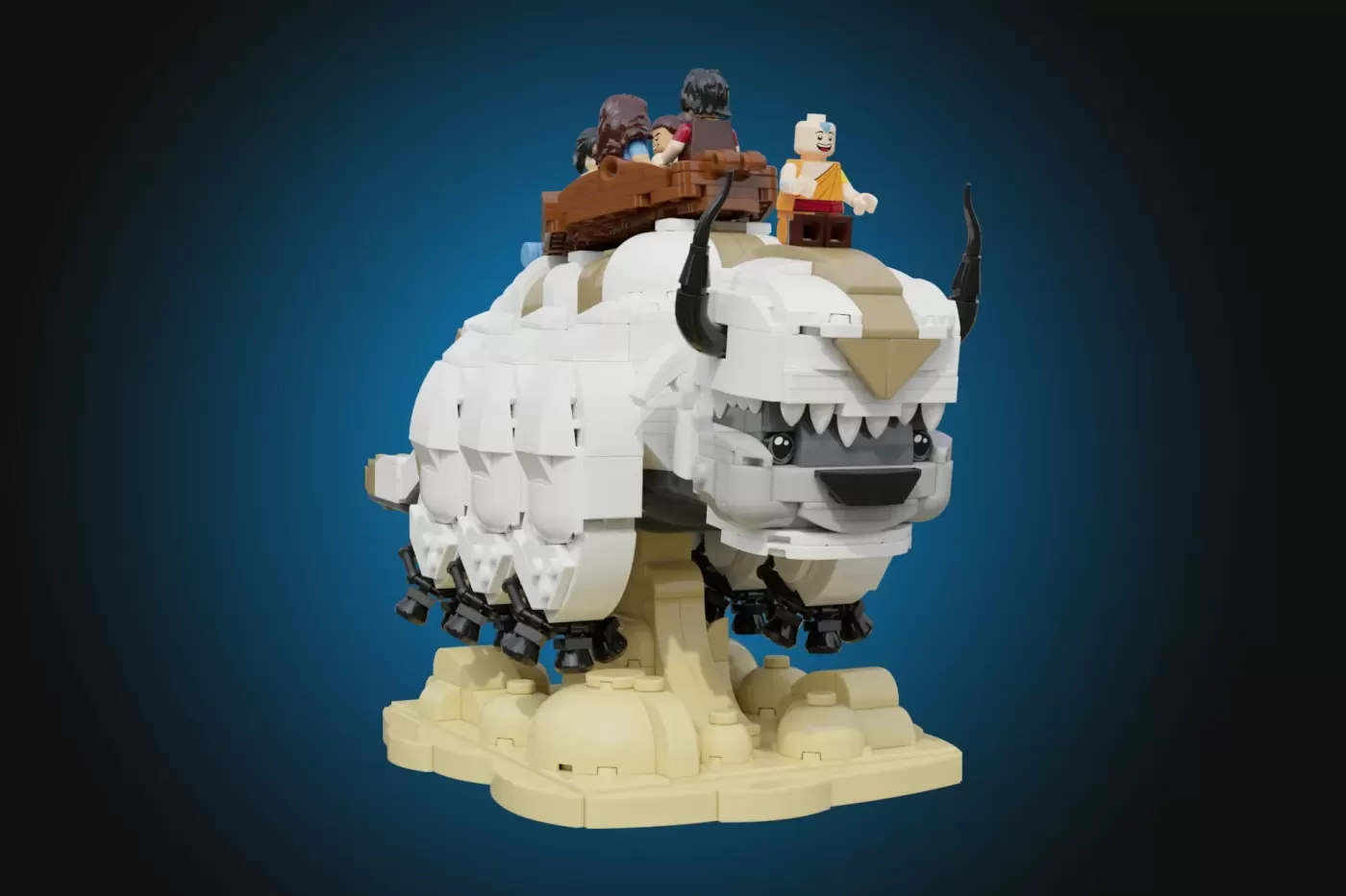 LEGO Appa set with white flying bison figure, minifigures, and brown saddle on tan base against blue background.
