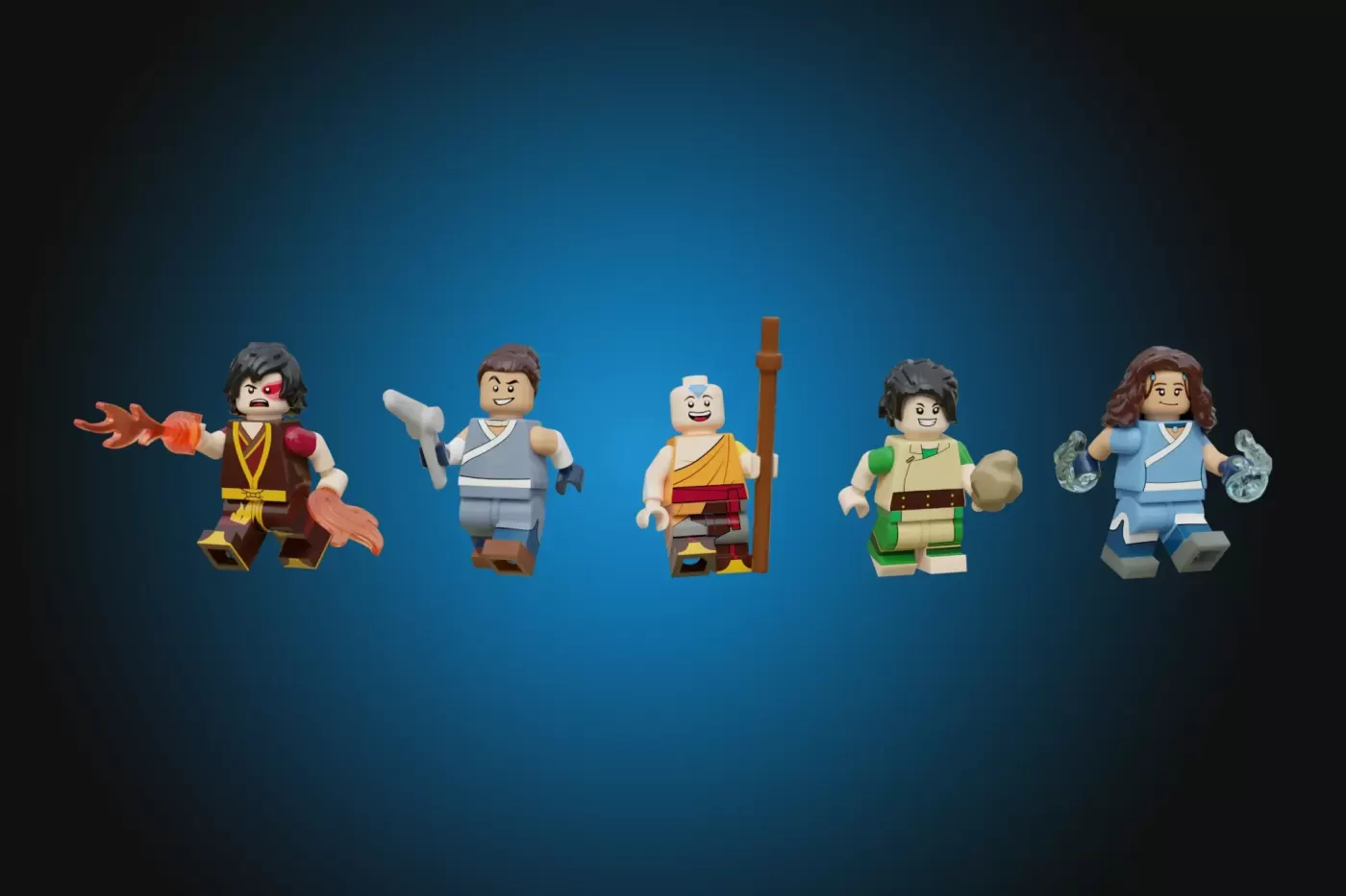 Five LEGO minifigures from Avatar: The Last Airbender displayed against a blue background.