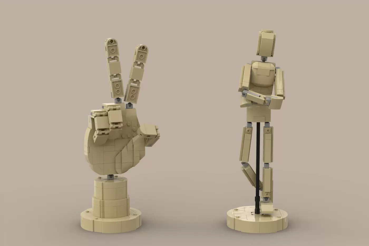 LEGO wooden artist mannequin and hand display figures in tan bricks, shown front and side views.