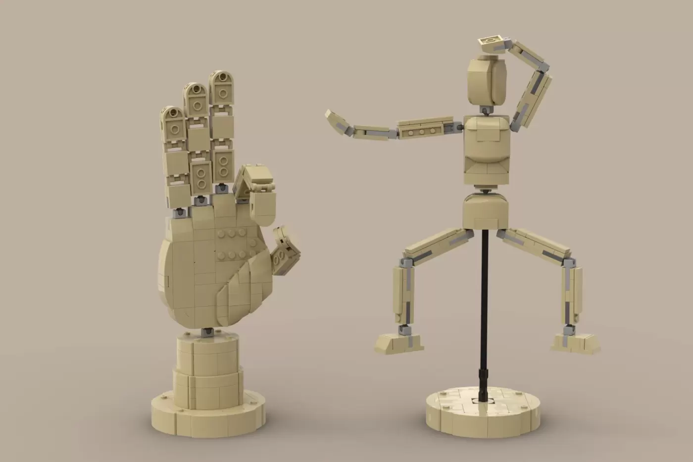 LEGO wooden artist mannequin and articulated hand model in tan bricks with poseable joints and stands.