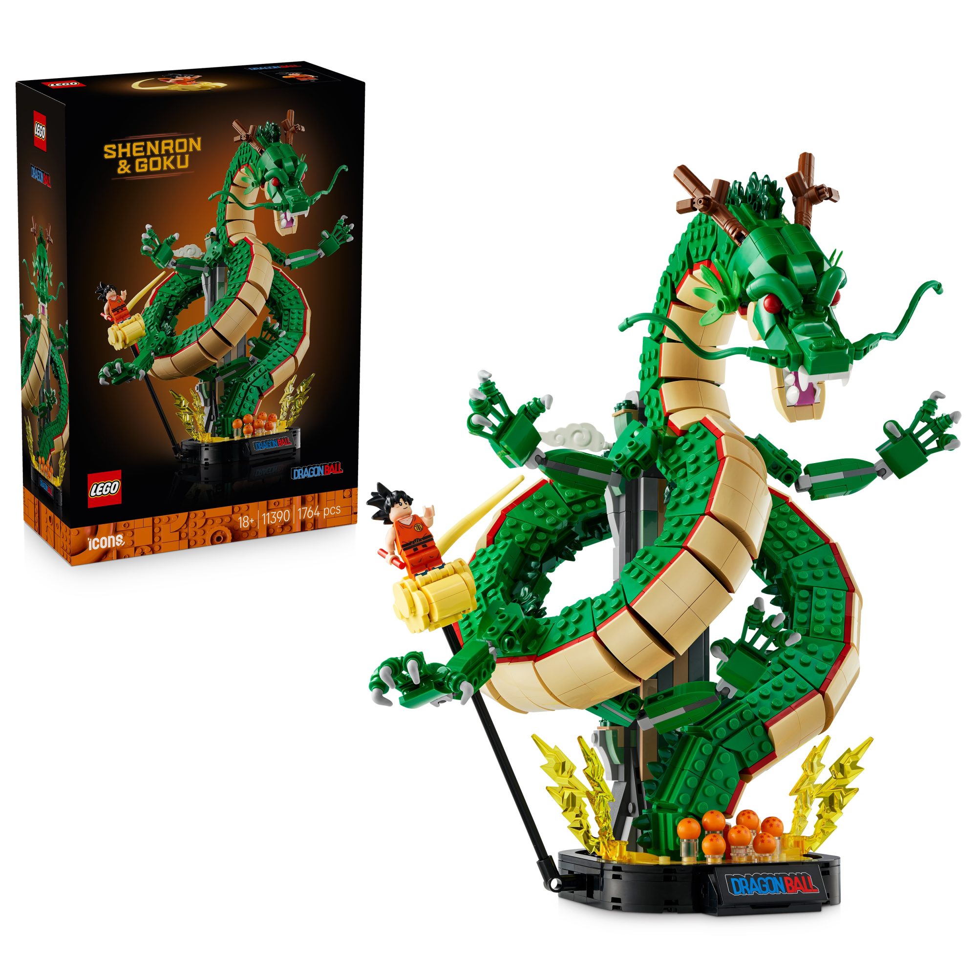 LEGO Shenron & Goku Dragon Ball set with green dragon figure and Goku minifigure on display base.
