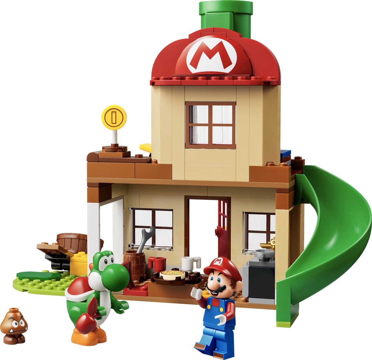 LEGO Super Mario Mushroom House set with Mario and Yoshi minifigures, green pipe, and detailed building features.