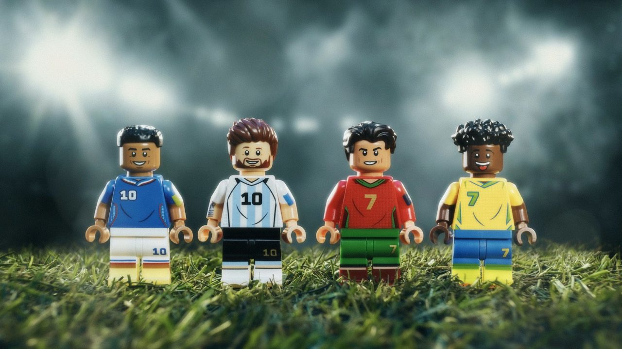 Four LEGO minifigures in colorful FIFA soccer jerseys standing on grass under dramatic sky.