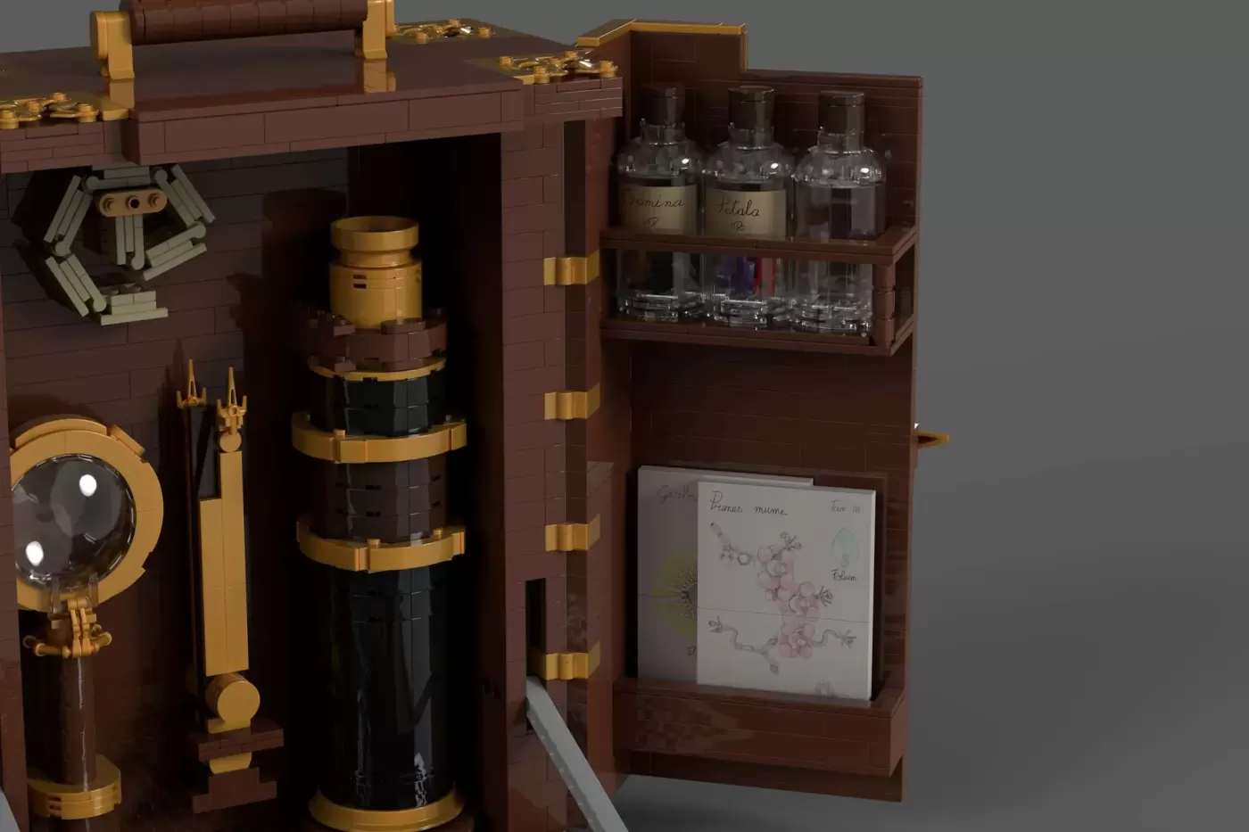 LEGO botanical field kit display with microscope, specimen bottles, field notes, and naturalist tools in brown and gold.