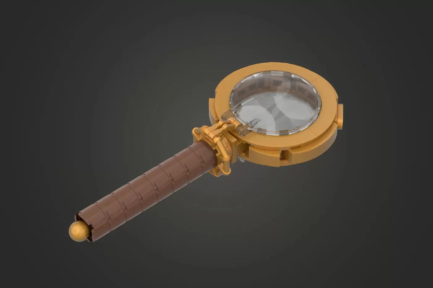 LEGO magnifying glass with brown leather-wrapped handle and golden yellow frame and support pieces.