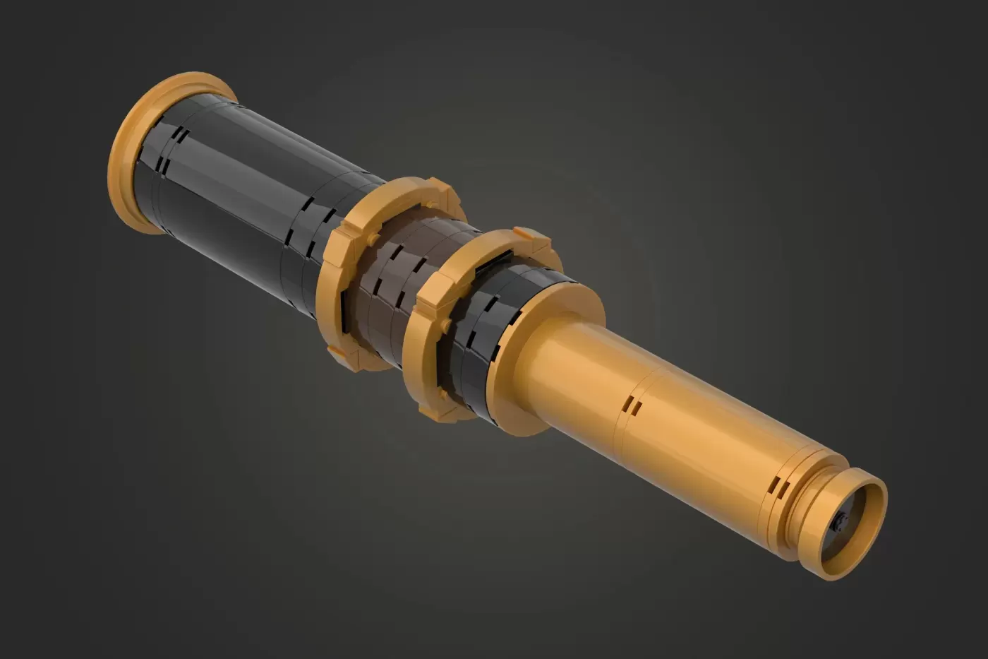 LEGO telescope with tan and dark gray pieces, featuring cylindrical body and segmented middle section.