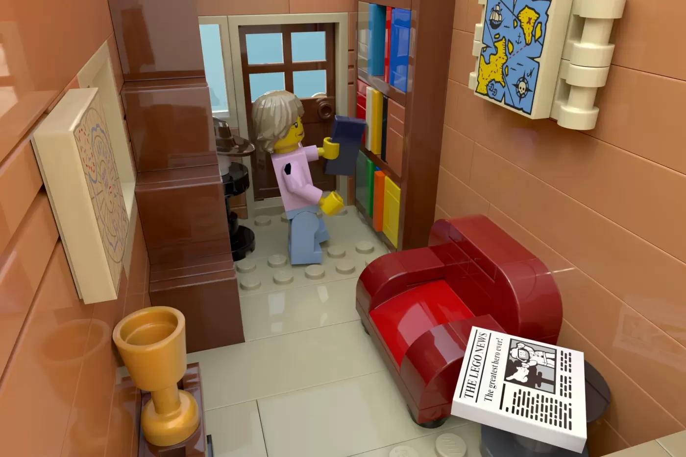LEGO apartment interior with minifigure, red car, newspaper, and Dutch canal house architectural details.