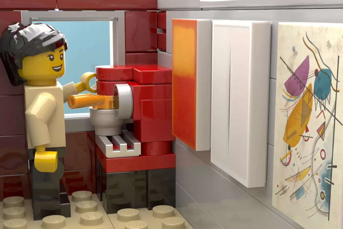 LEGO minifigure in kitchen with red brick appliances and colorful artwork on wall.