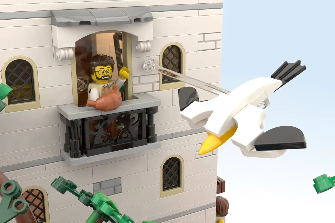 LEGO brick building with minifigure in window, white jet plane flying overhead, green cannons below.