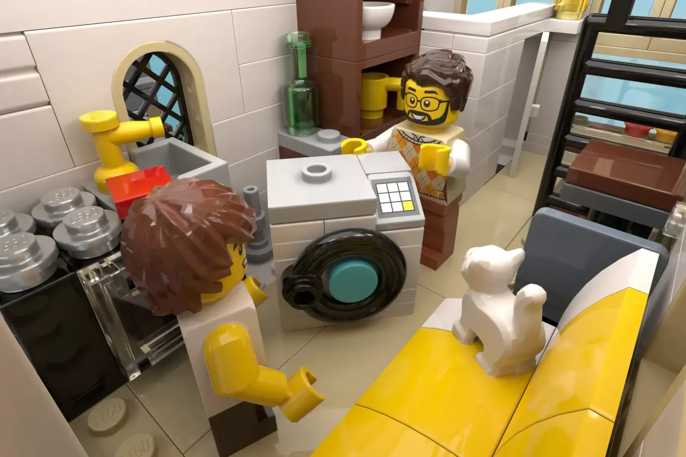 LEGO bathroom scene with minifigure in glasses, washing machine, sink, toilet, and yellow bathtub details.