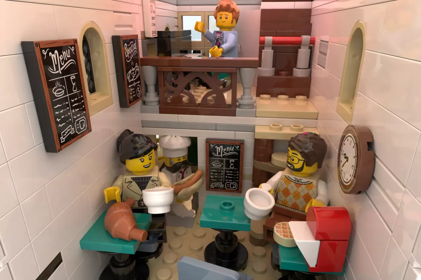 LEGO café scene with minifigures at tables, barista at counter, menu boards, and clock on pink-tiled walls.