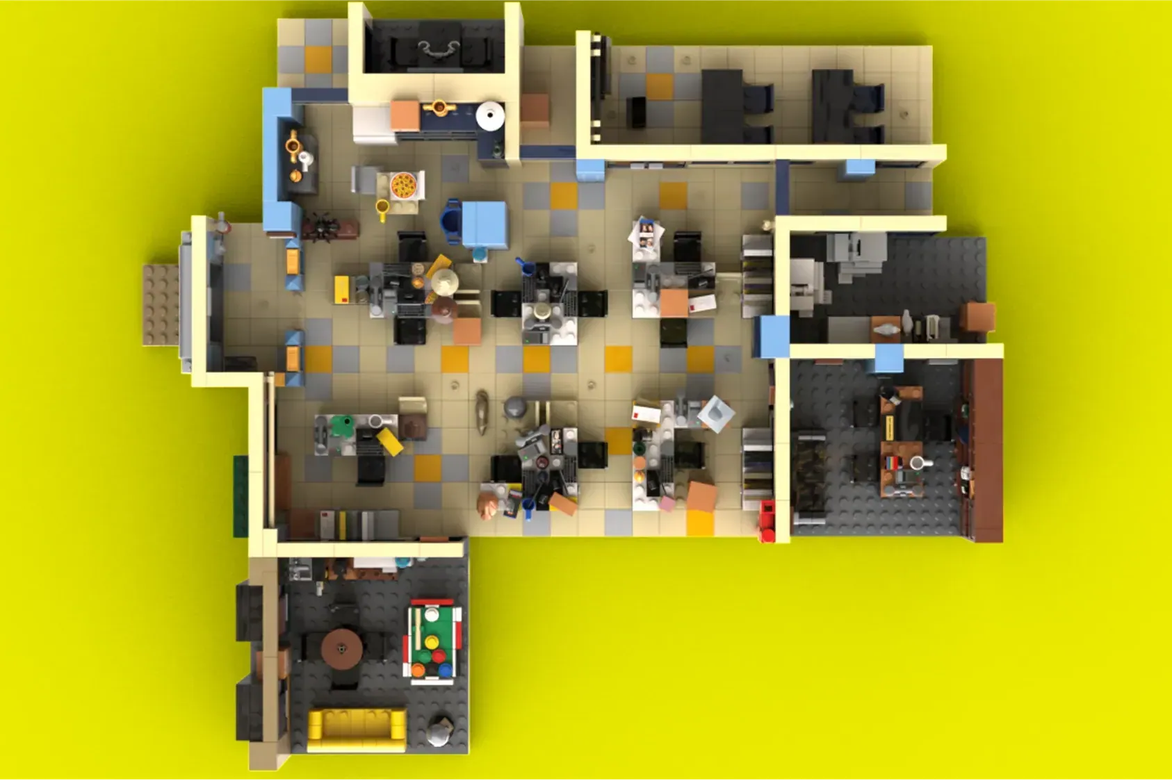 LEGO Brooklyn Nine-Nine precinct floor plan with minifigures and detailed interior rooms.